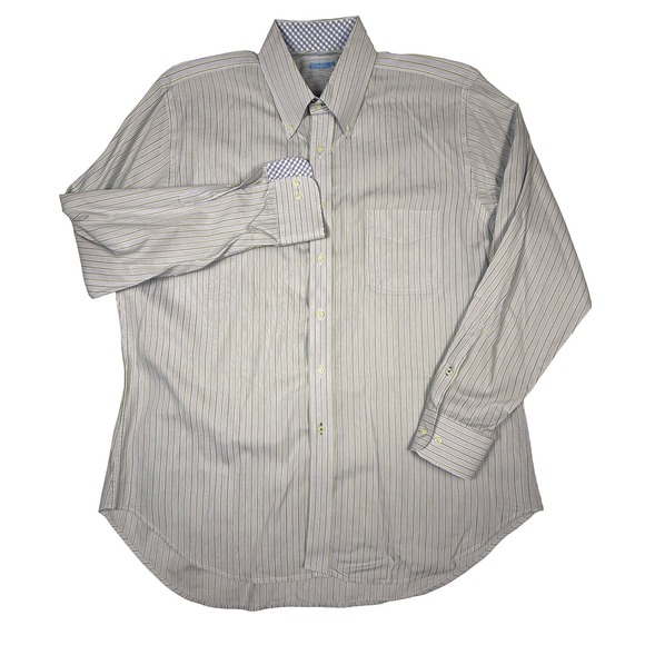 J. McLaughlin XL Green Blue Stripe Button Down Shirt Gingham Flip Cuff - Picture 3 of 7